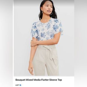 Loft blue and white floral linen blouse with flutter cotton sleeves.